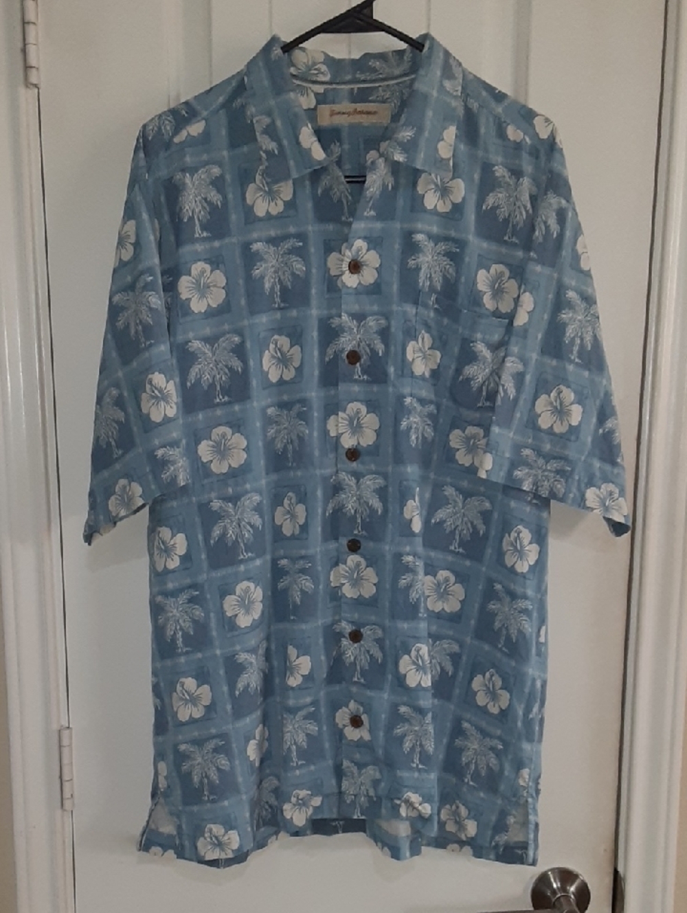 Tommy Bahama Blue Bali Block Floral Silk Short Sleeve Camp Button Down Shirt L